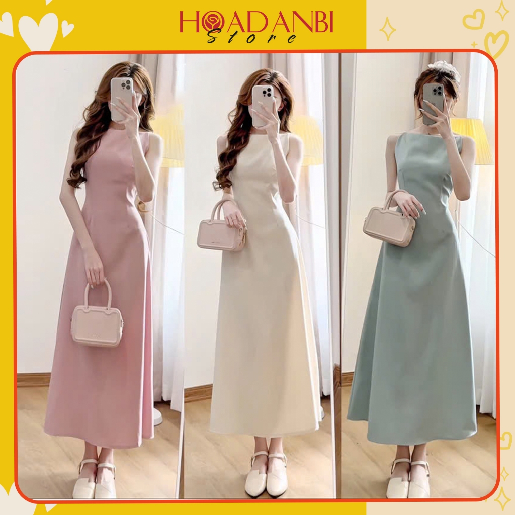 Váy maxi cổ yếm dáng dài xòe chất chéo Hàn Quốc, Váy thiết kế dáng dài chất chéo ý Hoadanbistore