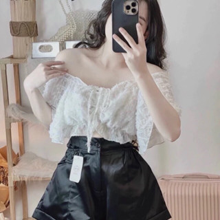 Áo croptop lông mềm trễ vai chun bo ôm dáng Slay đi biển A251