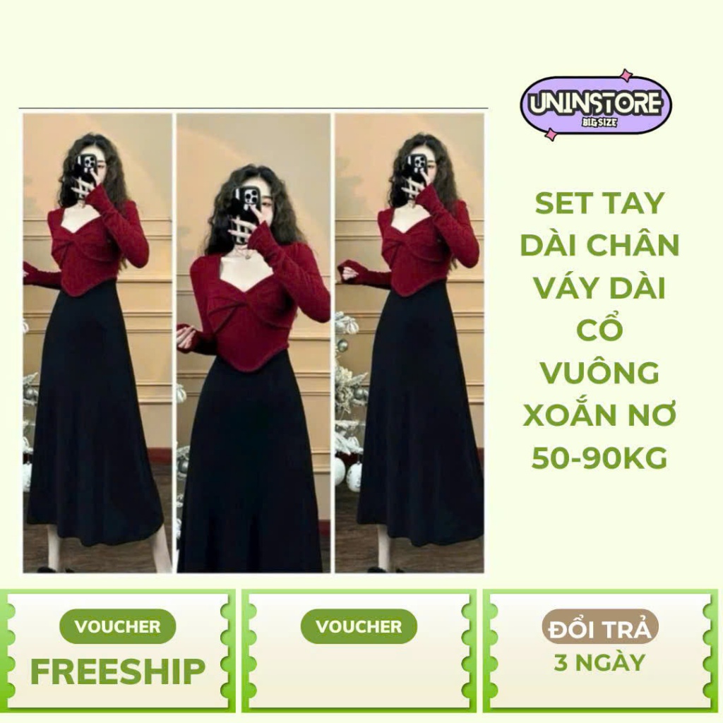Set áo tay dài cổ vuông xoắn nơ kèm chân váy dài thun tăm lạnh dành cho nữ 50-90kh - UnIn Store Bs05