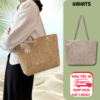 Túi cói vintage đi biển đeo vai, xách tay size to có khoá cúc bấm tiện lợi KAHAT thời trang nữ