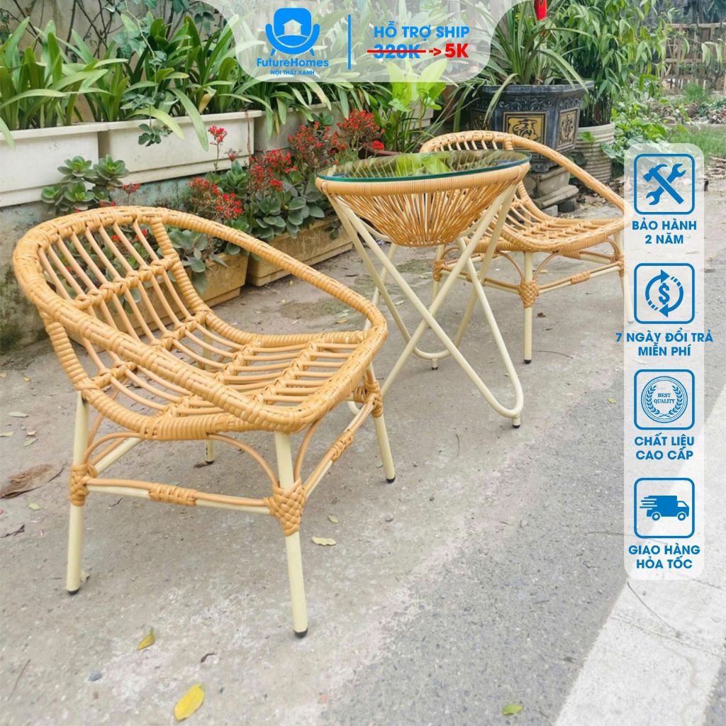 Bộ Bàn Ghế Con Sò Giả Mây Khung Thép Decor Ban Công, Sân Vườn, Quán Cafe, Mẫu SGM88 / FutureHomes