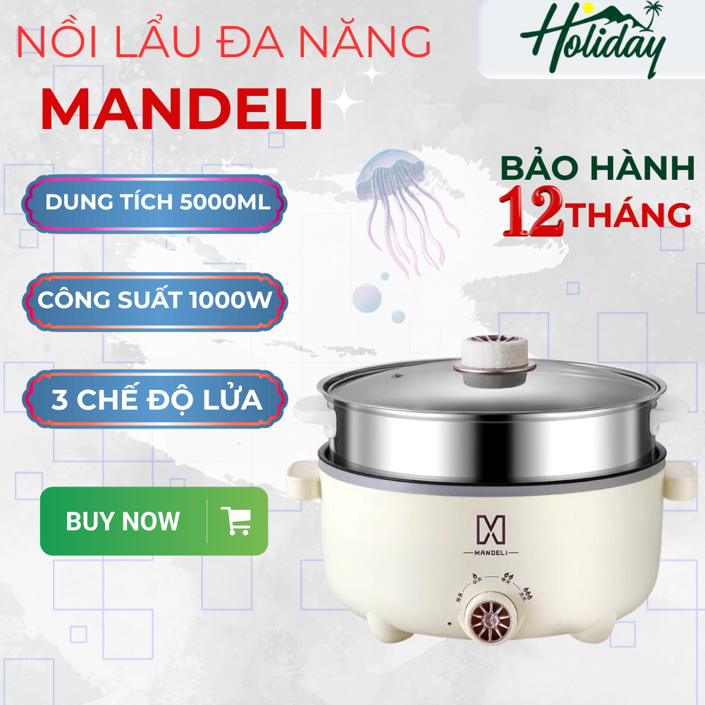 Nồi Lẩu Điện Mini MANDELI, Nồi Điện Đa Năng Kèm Xửng Hấp Inox Phù Hợp Cho Gia đình 2-3 Người