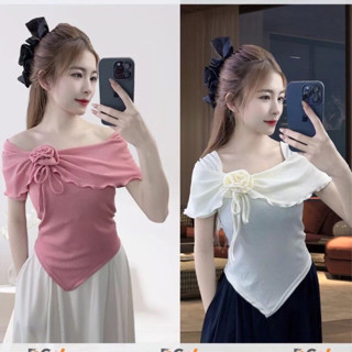 Áo nữ tay ngắn đính hoa tiểu thư - mặc 2 kiểu CHẤT THUN GÂN  mát lạnh A297