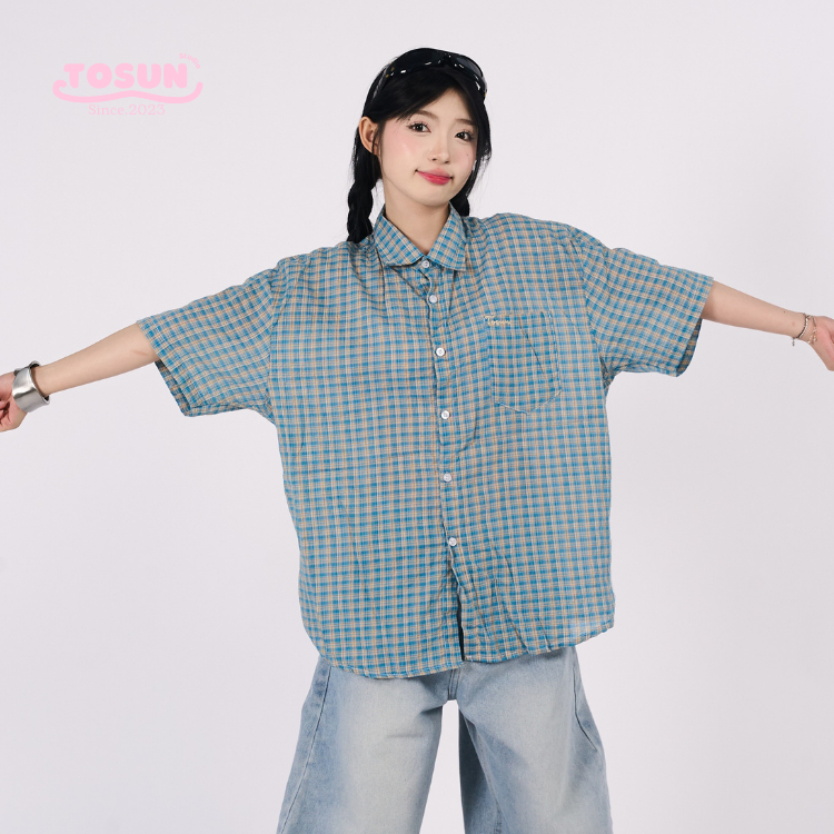 Áo Sơ Mi Form Rộng Nam Nữ Hoạ Tiết Kẻ Caro 𝐓𝐎𝐒𝐔𝐍 Mix Hình Thêu Basic M01