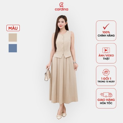 Bộ đồ nữ CARDINA chất liệu đũi Hàn áo gile phối chân váy xếp ly 5BDD01
