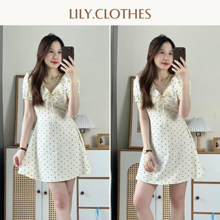  Lily.clothes- Váy nữ chấm bi tay bồng cổ V viền bèo thắt nơ dáng ngắn điệu đà khoá kéo sau lưng  Doris Dress 