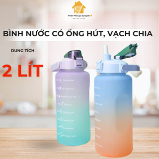 Bình nước 2 lít dành cho người lười uống nước Fan House bình nước cute 2L có ống hút vạch chia 