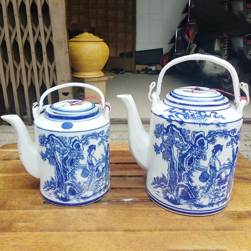 Bộ Ấm Tích Men Lam Vẽ Cô Gái  Tích 1.5 -2 lít  Ủ Chè Xanh, Ấm Tích Sứ, Ấm Tích Hãm Trà - Gốm Sứ bát 