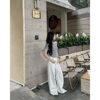 [Steezy] Áo phông thun gân kẻ ngang lệch vai kèm scrunchie form ôm, áo thun ôm cho nữ mùa hè, áo thun trễ vai - P8151