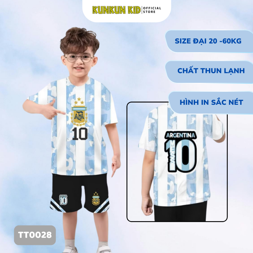 Đồ bộ đá banh in 3D hình cầu thủ Messi thấm hút mồ hôi TT0028 size 20-60kg. KunKun Kids