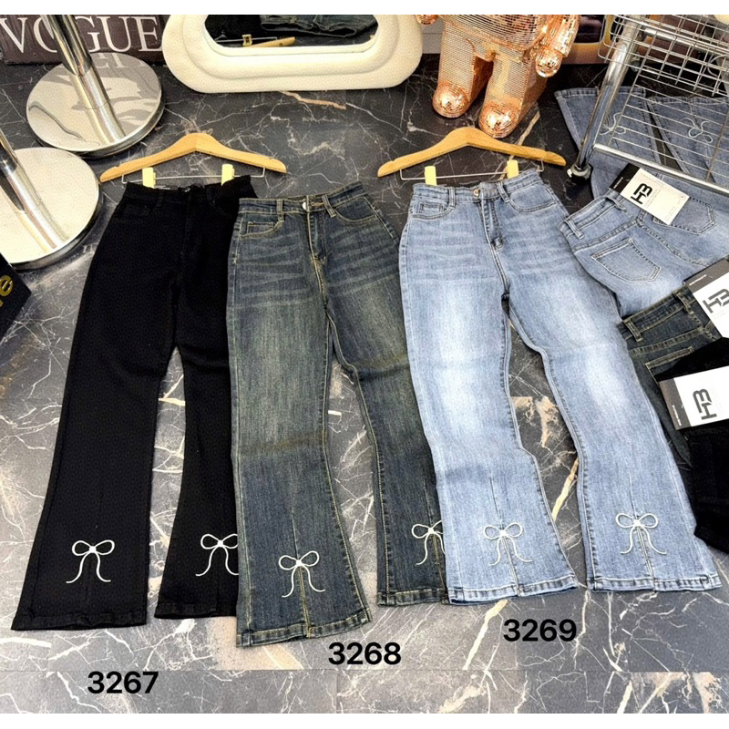 ( 9 TẤC ) QUẦN JEAN ỐNG LOE LỞ 90CM DÁNG 9 TẤC, XẺ LAI GIỮA, NƠ THÊU LAI, CẠP CAO KIM HAU BOUTIQUE