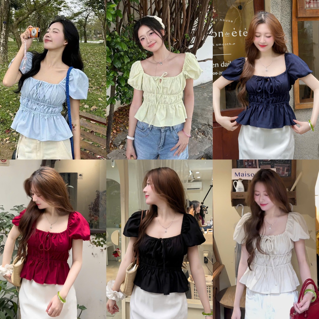 Áo Babydoll Chất Linen Tay Bồng Cổ Vuông Nhúm Ngực 6 Màu Hot Trend (Ảnh Thật Trải Sàn) Lollaye