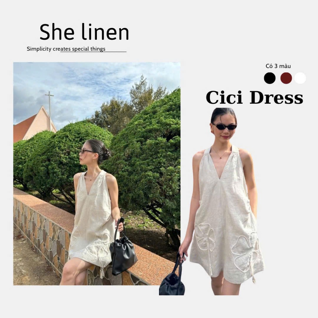 CICI DRESS- Đầm Suông Sát Nách Linen, Đầm Suông Cổ V Linen
