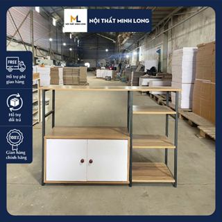 Kệ lò vi sóng có tủ Minh Long, màu vân gỗ cánh trắng, chân sắt sơn tĩnh điện, đa năng, gọn đẹp