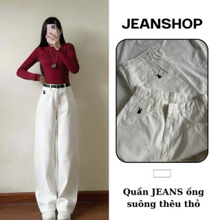 Quần Kaki Nữ Ống Suông Thêu Thỏ, Quần Jeans Trắng Nữ Lưng Cao Ống Đứng Hack Chiều Cao - Jeanshop