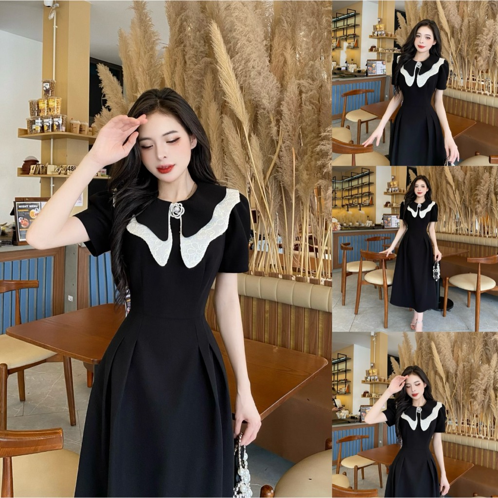 BK38 - Váy Thiết Kế Evii dành cho nữ, Đầm thiết kế cổ sen nhọn khép cách điệu phối tơ be thêu hoa (t