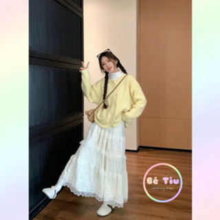 Chân Váy Nhung Dáng Dài Phối Ren, Chân Váy Xoè Cạp Chun Mềm Mại Thoáng Mát Phong Cách Hàn Quốc | Bé Tiu