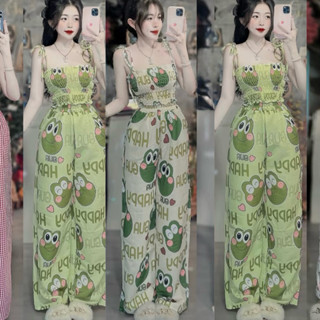 Set Bộ Đồ Nữ Áo Hai Dây Nhún Thắt Vai Croptop + Quần Ống Xuông Rộng Hoạt Hình Dễ Thương