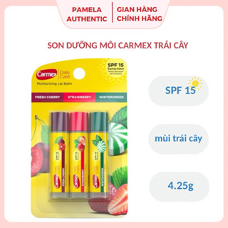 (BILL US - CÓ SỈ) Set 3 Thỏi son dưỡng môi Carmex mùi Cherry, Dâu Tây, Bạc Hà SPF 15 4,25g