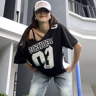 [ẢNH THẬT] SẴN Áo phông trễ lệch vai cổ V form to rộng in số y2k form Âu Mỹ dáng rộng nữ ngắn tay màu đen basic hothit