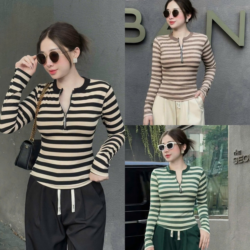 Áo Thun Nữ Tay Dài Phối Cổ Dây Kéo Vải Thun Tăm 45- 90Kg Bigsize Dễ Thương Top Nữ Women - B.1537