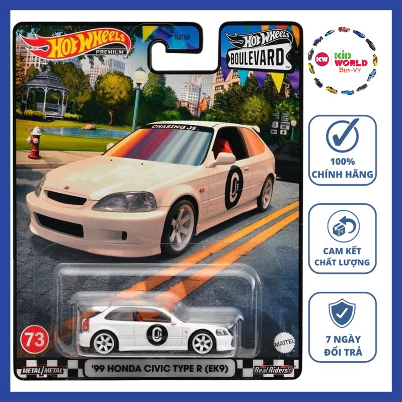 Xe mô hình Hot Wheels Premium Boulevard Series '99 Honda Civic Type R (EK9) HKF19, bánh cao su.