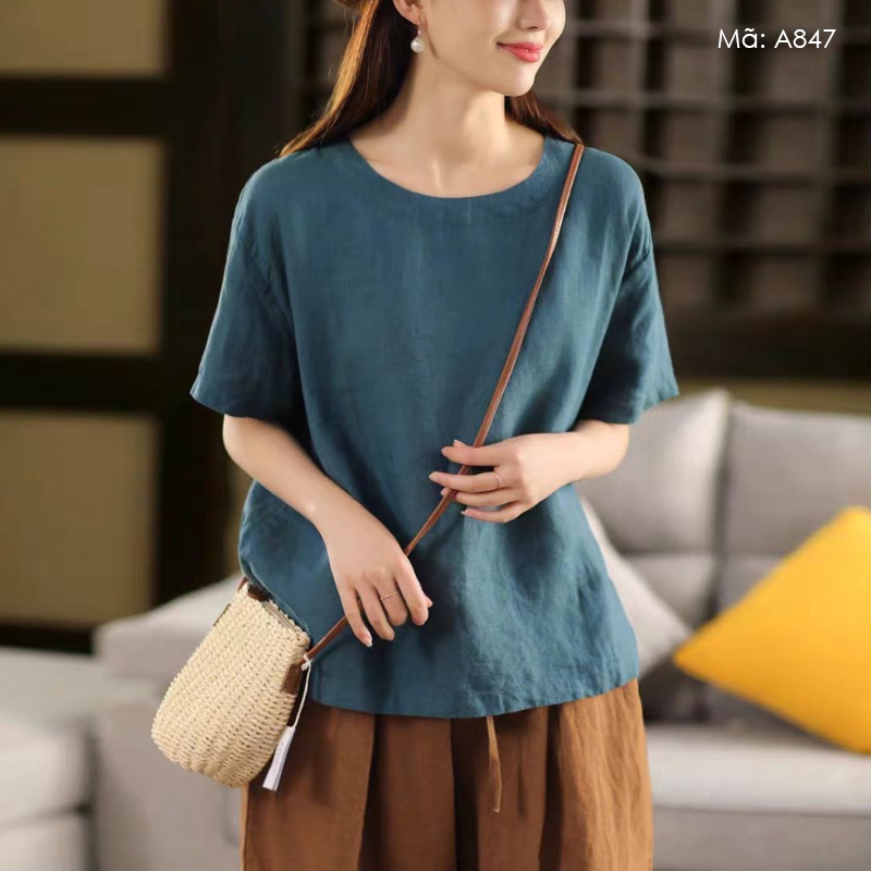 Áo T-shirt linen ngắn tay KAMAKA cổ tròn retro - A847