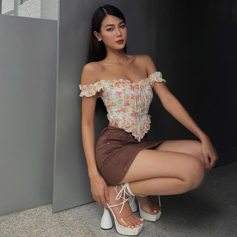 Áo corset hoa nhí Dokki Doki phối bèo đan dây lưng