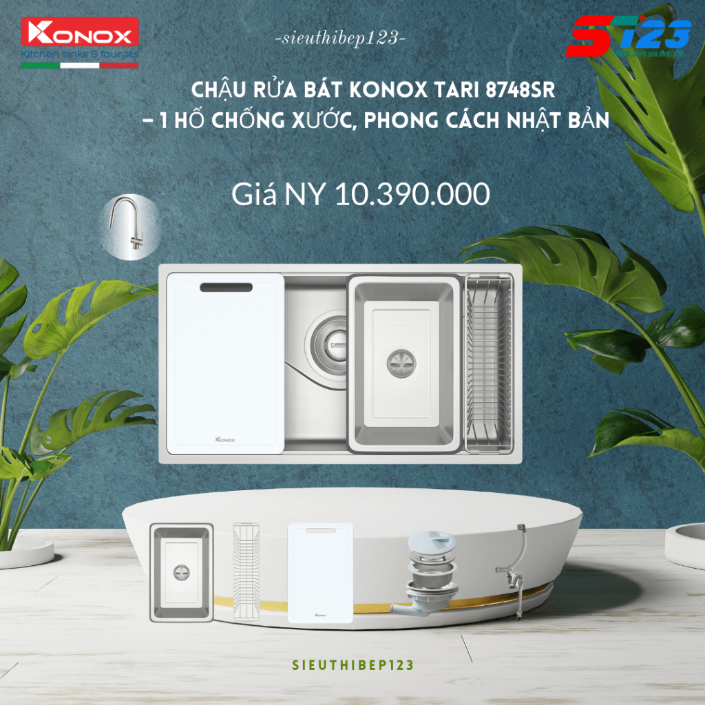 Chậu Rửa Bát Konox TARI 8748SR Inox 304 | 1 Hố | Chống Xước | Có Phụ Kiện | Bảo Hành 10 Năm