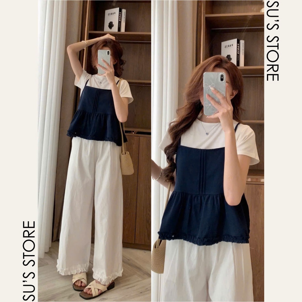 Set Đồ Nữ Áo Thun Trơn Cộc Tay Kèm Áo 2 Dây Xếp Ly Viền Bèo S800 Su Chang Thời Trang Nữ | BigBuy360 - bigbuy360.vn