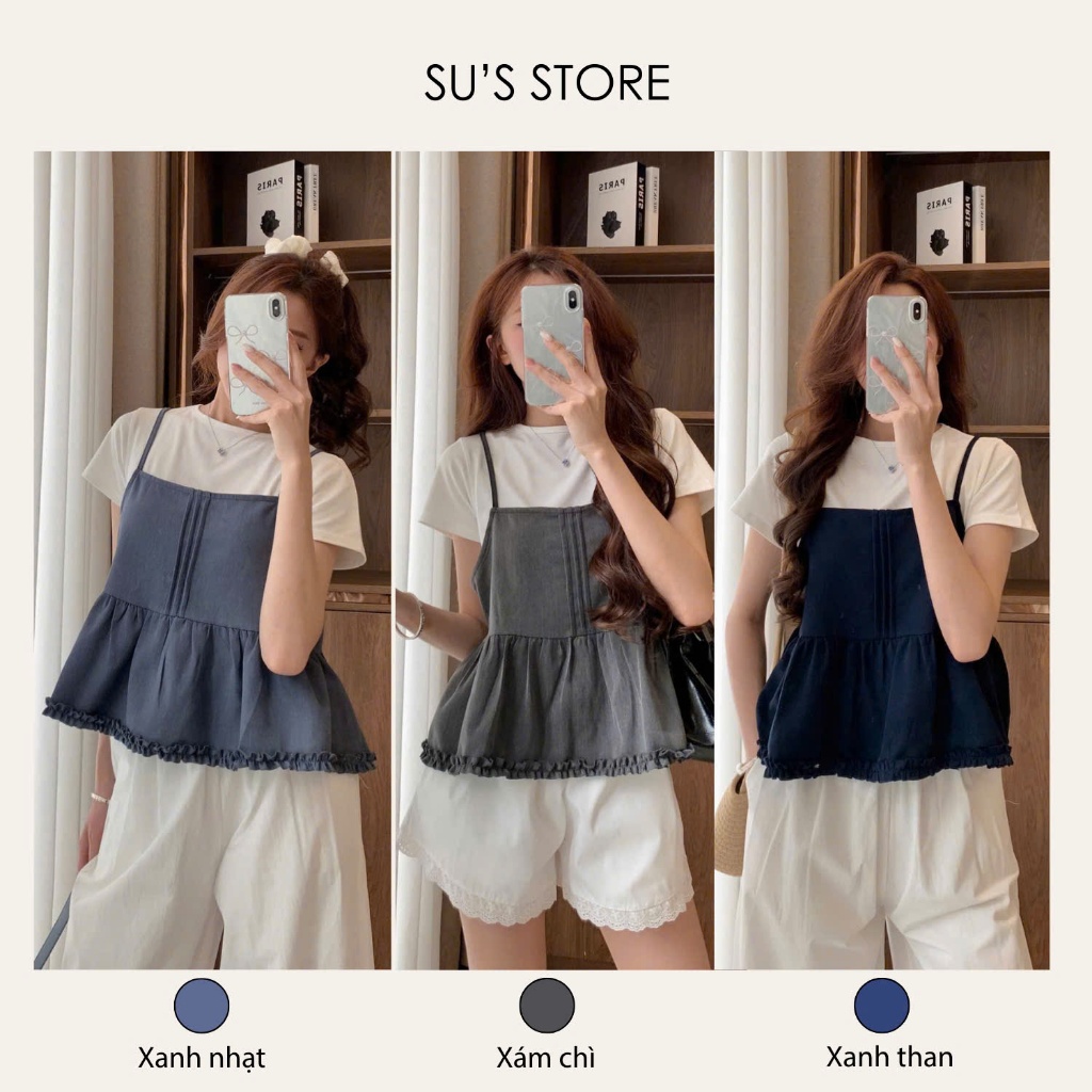 Set Đồ Nữ Áo Thun Trơn Cộc Tay Kèm Áo 2 Dây Xếp Ly Viền Bèo S800 Su Chang Thời Trang Nữ | BigBuy360 - bigbuy360.vn