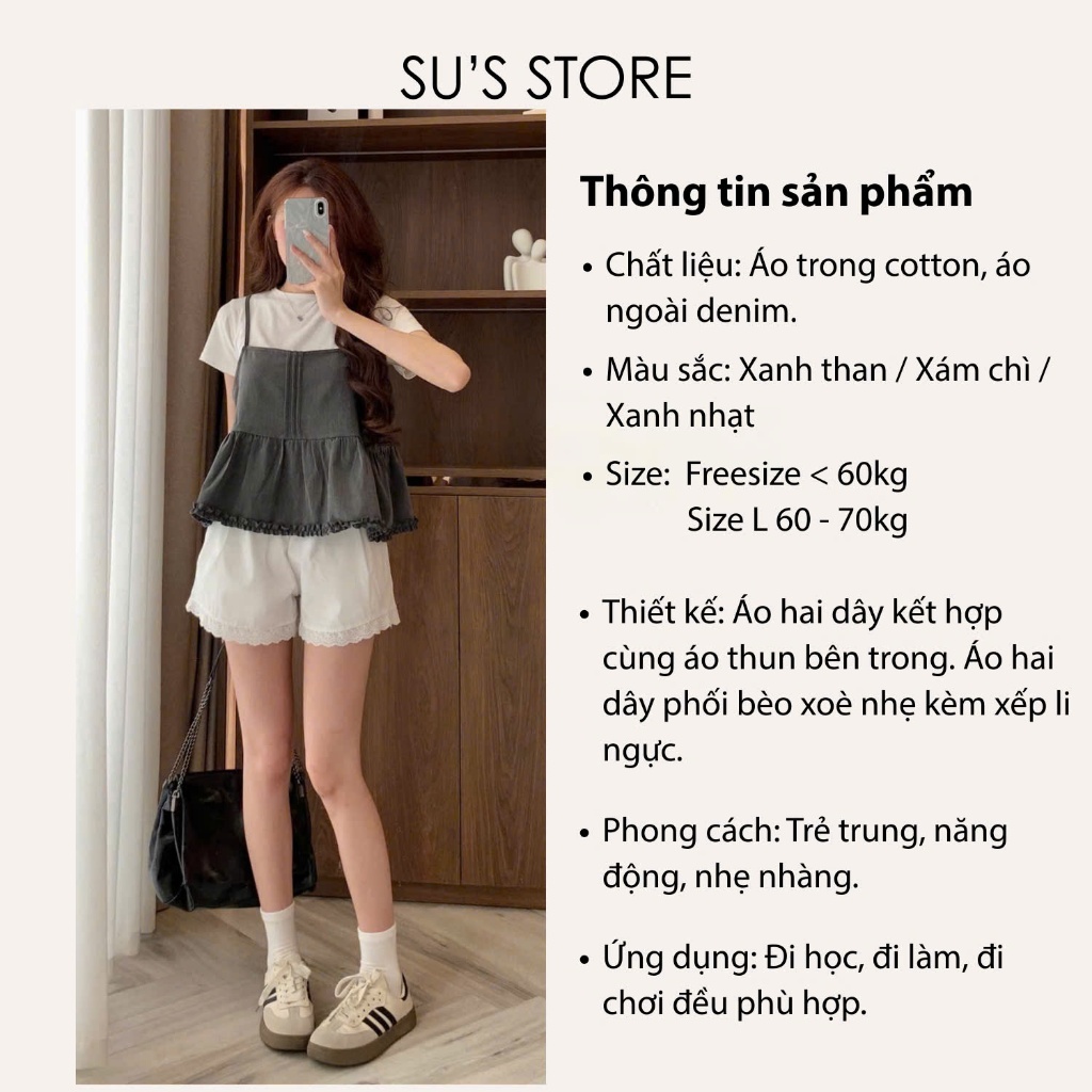 Set Đồ Nữ Áo Thun Trơn Cộc Tay Kèm Áo 2 Dây Xếp Ly Viền Bèo S800 Su Chang Thời Trang Nữ | BigBuy360 - bigbuy360.vn