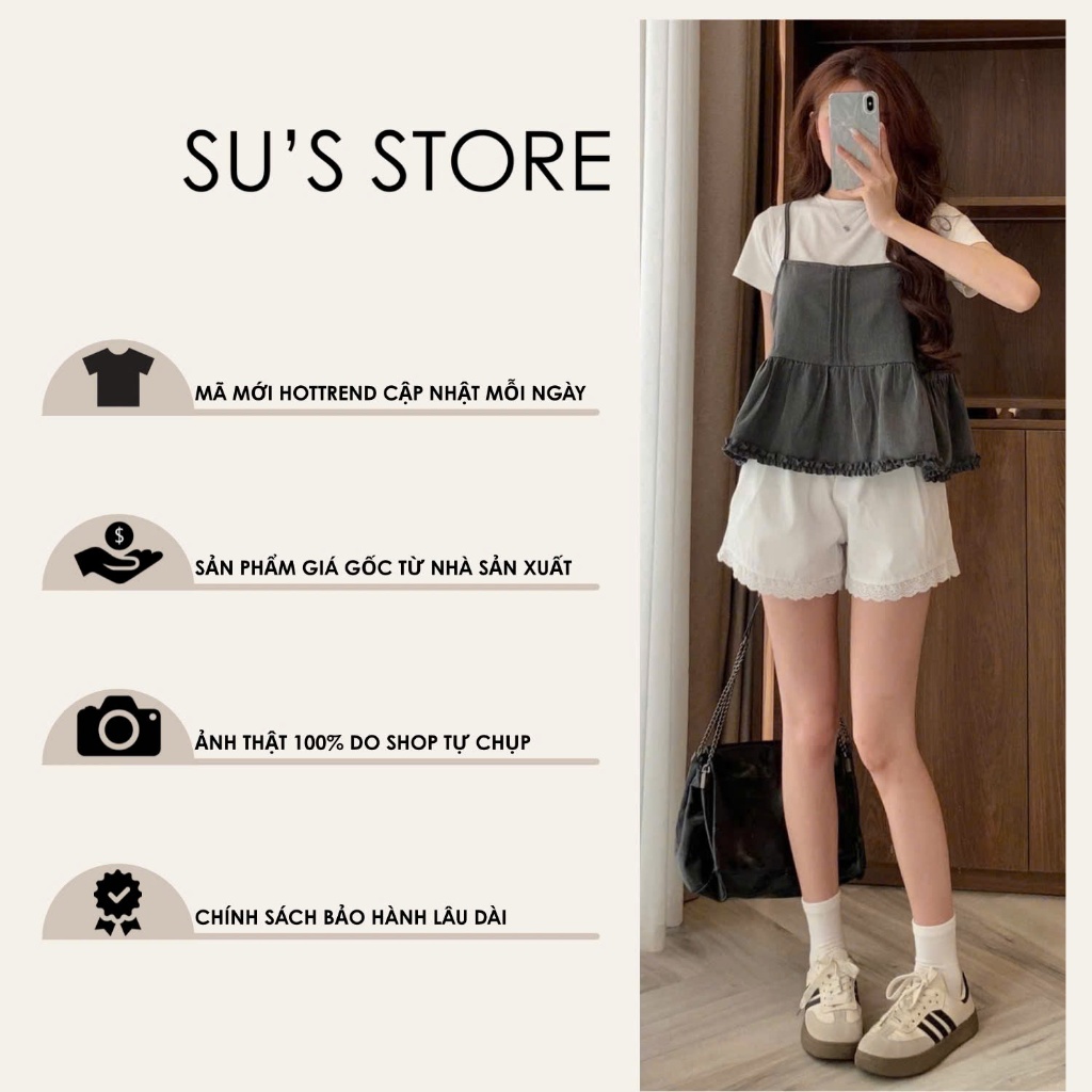 Set Đồ Nữ Áo Thun Trơn Cộc Tay Kèm Áo 2 Dây Xếp Ly Viền Bèo S800 Su Chang Thời Trang Nữ | BigBuy360 - bigbuy360.vn