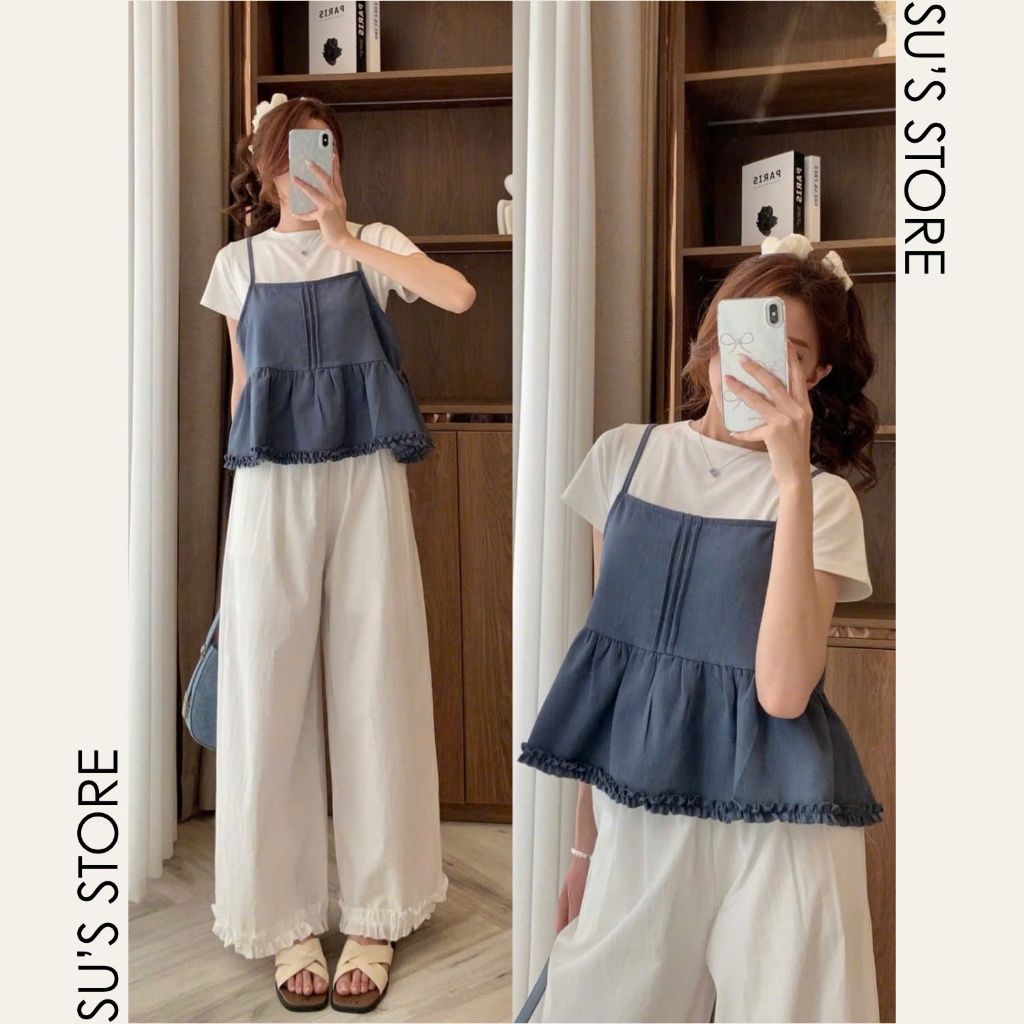 Set Đồ Nữ Áo Thun Trơn Cộc Tay Kèm Áo 2 Dây Xếp Ly Viền Bèo S800 Su Chang Thời Trang Nữ | BigBuy360 - bigbuy360.vn