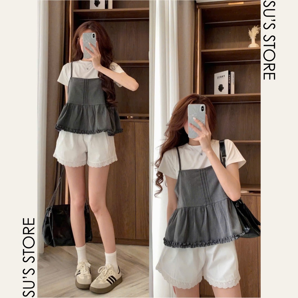 Set Đồ Nữ Áo Thun Trơn Cộc Tay Kèm Áo 2 Dây Xếp Ly Viền Bèo S800 Su Chang Thời Trang Nữ | BigBuy360 - bigbuy360.vn