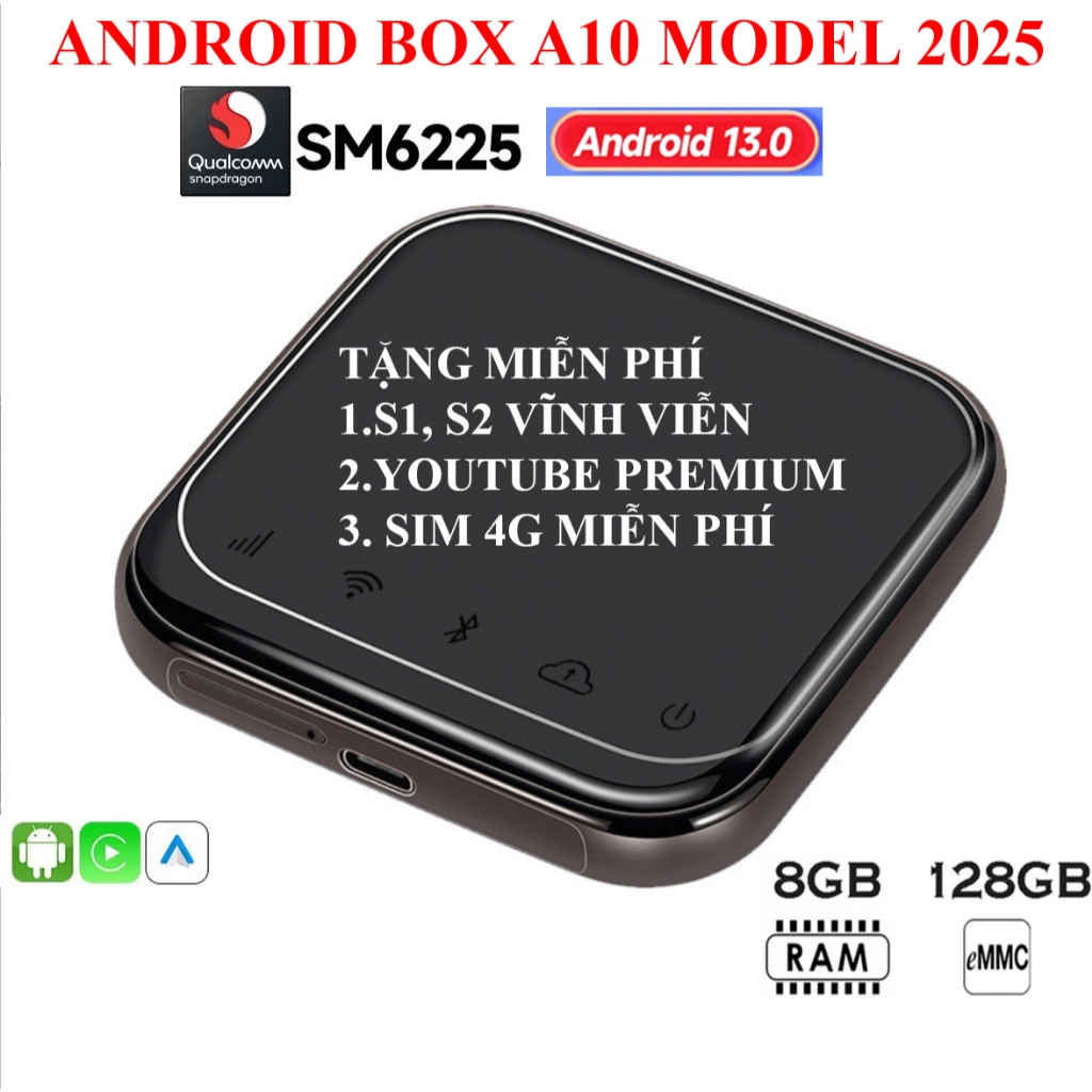 Carplay Android Box ô tô HJ A10 PLUS 8G+128G Qualcomm 6225 Android 13 tặng Vietmap S2