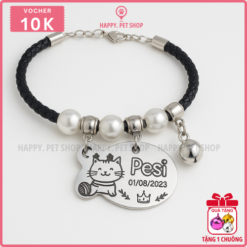 Combo thẻ tên và vòng cổ da 3 chuông cho chó mèo khắc 2 mặt theo yêu cầu - Pettag thúc cưng Happy