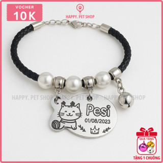 Combo thẻ tên và vòng cổ da 3 chuông cho chó mèo khắc 2 mặt theo yêu cầu - Pettag thúc cưng Happy