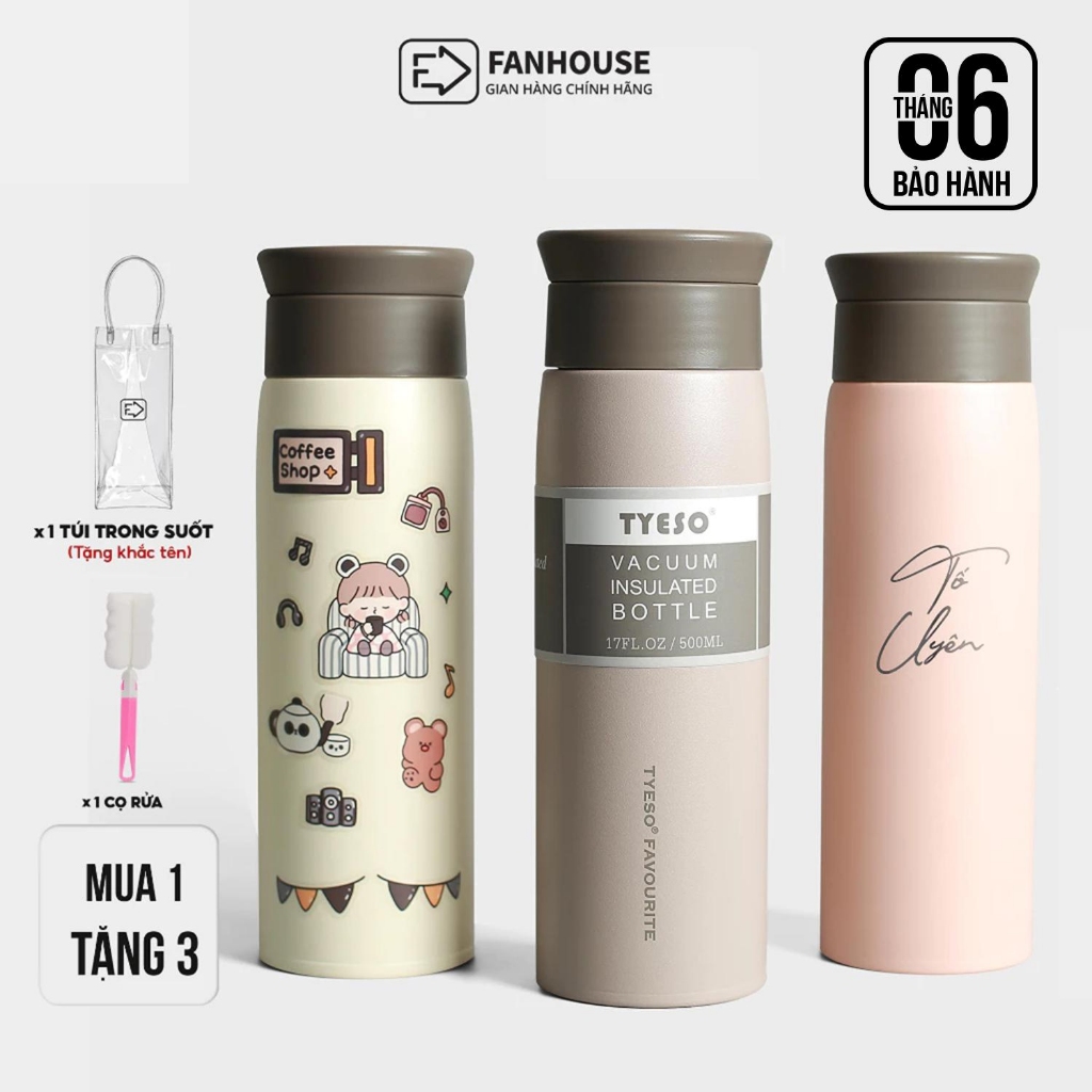 Bình giữ nhiệt Tyeso Favour 500ml, Fan House bình giữ nhiệt chính hãng inox 304, vỏ chống xước