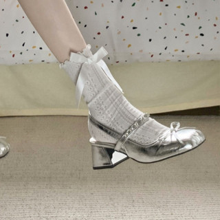  Giày cao gót mũi tròn đính nơ màu bạc đế vuông 5cm giày Mary Jane hở gót tiểu thư sang chảnh SLB1 CamCamshoes 
