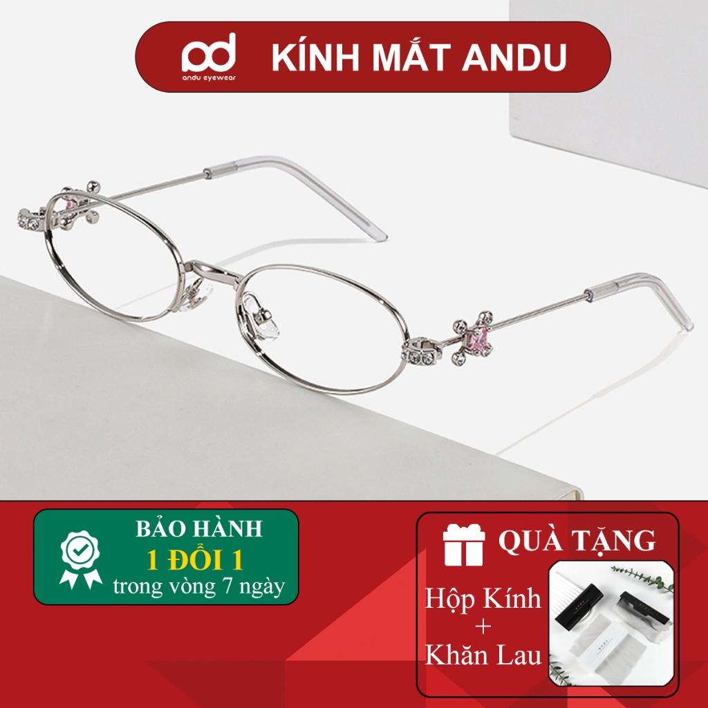 Gọng kính cận thời trang nam nữ ANDU dáng oval phối đá sang trọng phong cách Y2K 8888