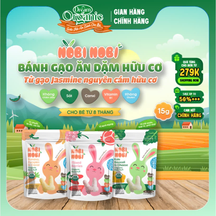 Bánh Gạo Ăn Dặm Hữu Cơ Nobi Nobi 15G – Hình Tai Thỏ Đáng Yêu Cho Bé Từ 8 Tháng Tuổi