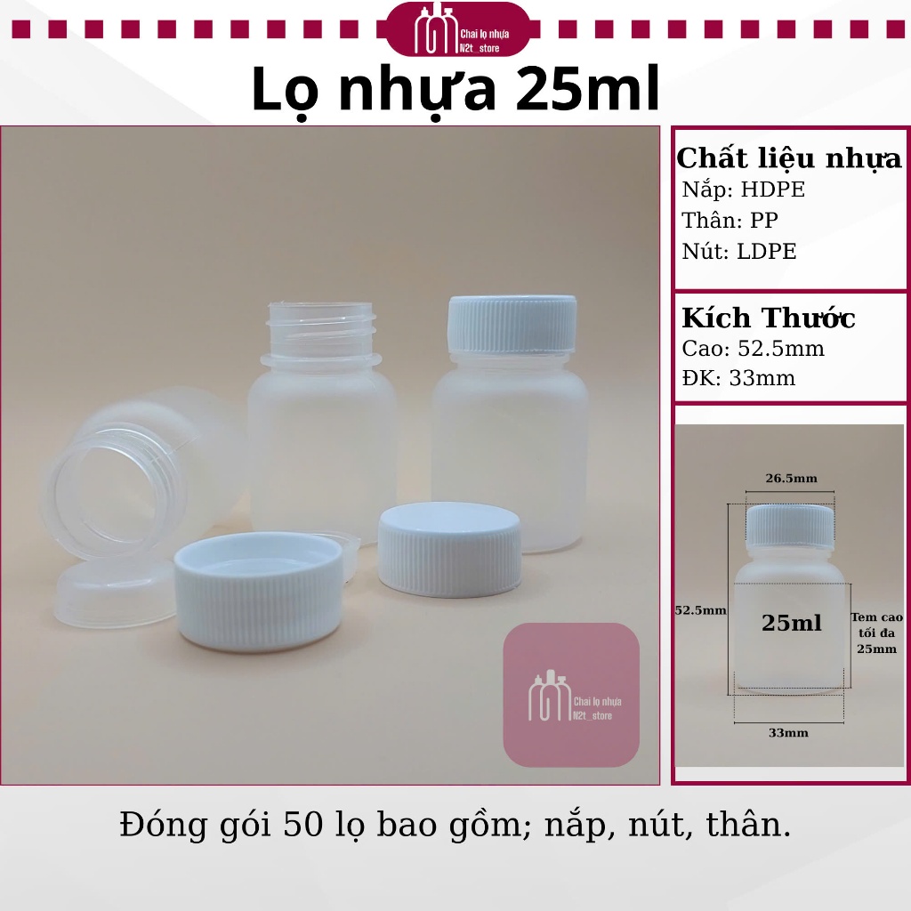 [50 LỌ NHỰA 25ML] Chai Nhựa Mini Dạng Tròn Có Nắp Vặn - Nhựa PP , Tiện Lợi Đựng Mỹ Phẩm, Viên, Bột