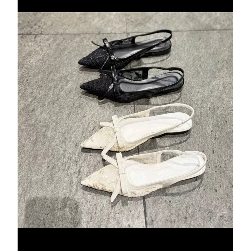 Giày bệt mũi nhọn cài nơ vải ren (chân gầy, chân nhỏ lùi 1size)