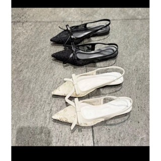 Giày bệt mũi nhọn cài nơ vải ren (chân gầy, chân nhỏ lùi 1size)