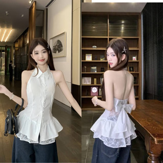 Áo Sơ Mi Trắng Sát Nách Phối Ren, Áo Kiểu  Phối Nơ Cổ Sơ Mi Dễ Mix Đồ Cho Nàng Mặc Đi Chơi, Đi Tiệc Tiểu Thư, Sang Chảnh