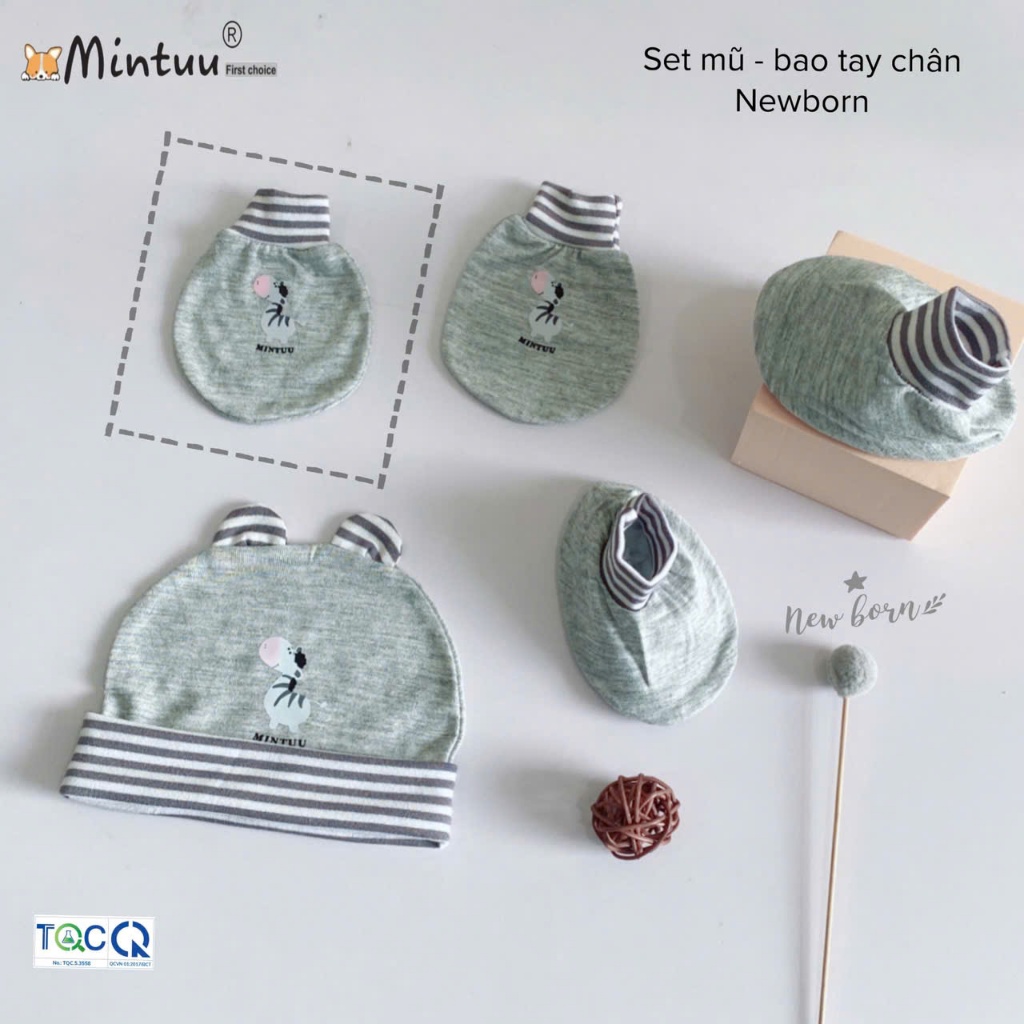 Set mũ sơ sinh - bao tay chân Newborn cho bé dưới 3,5 kg, bé thiếu tháng vải viscose rayon thương hiệu MINTUU - 9071