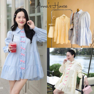  Đầm babydoll đính nơ hồng tay dài kèm quần 