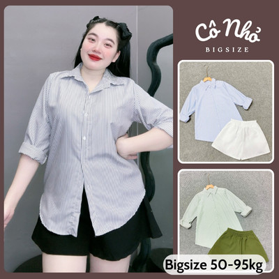 Set Sơ Mi Quần Đùi Bigsize Nữ Áo Somi Tay Dài Form Rộng Kèm Quần Short Lưng Chun (SM49+Q500)