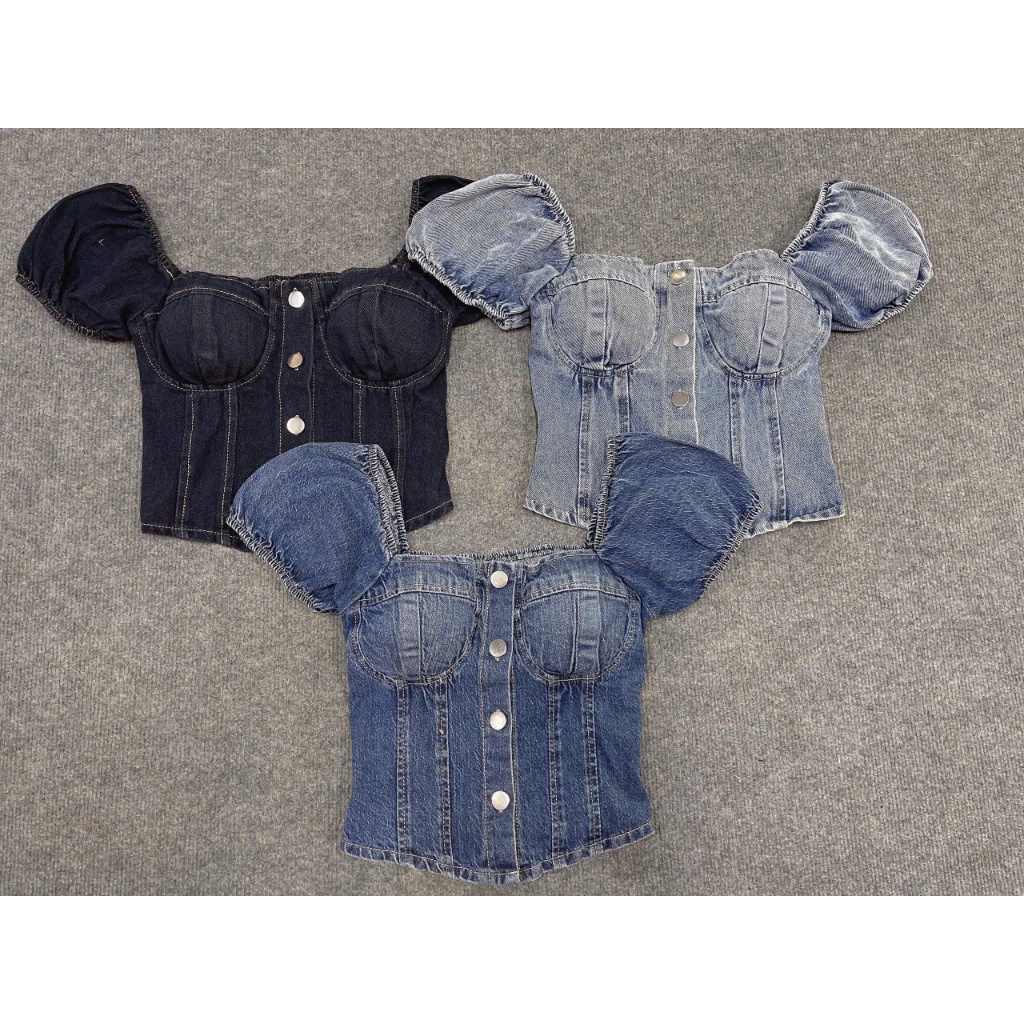 Áo ống cup croptop jean denim cúp ngực đan dây sẵn mút chun lưng 2 màu xanh đậm nhạt đồ đi chơi hình